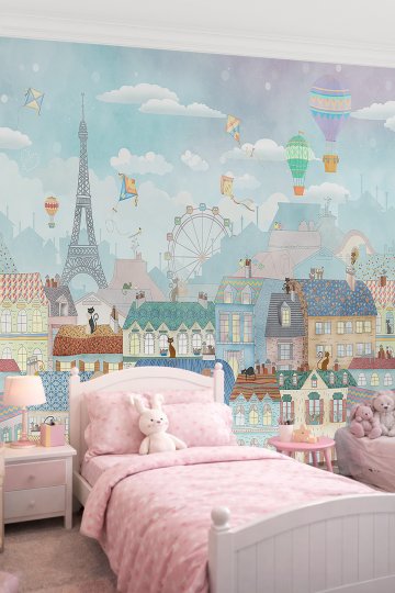 Dreamwall Masalsı Şehir ve Kediler Tek Parça Tekstil Duvar Kağıdı - Çocuk Odası & Kreş