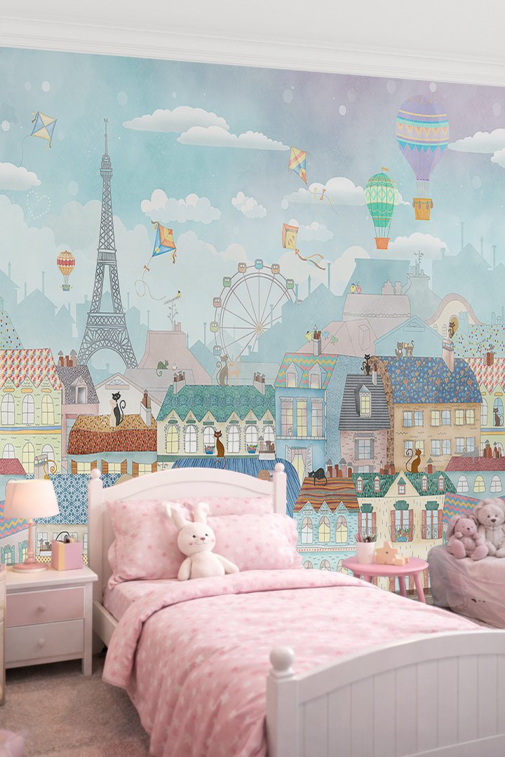 Dreamwall Masalsı Şehir ve Kediler Tek Parça Tekstil Duvar Kağıdı - Çocuk Odası & Kreş