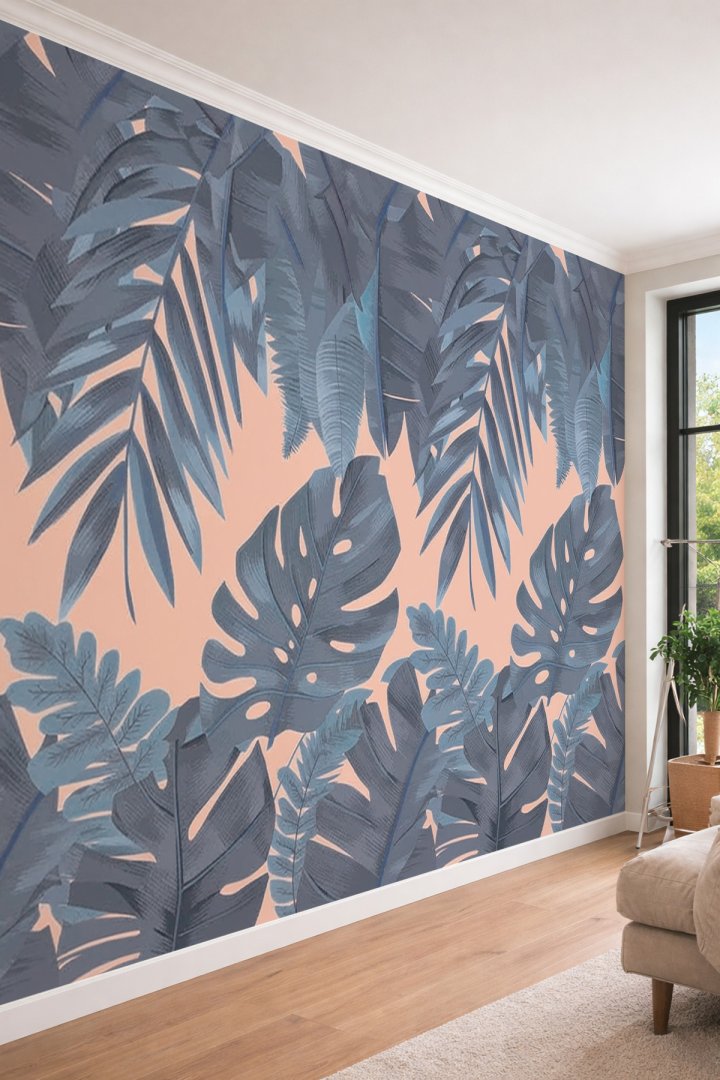 Dreamwall Mavi Gri Monstera ve Palmiye Yapraklı Tek Parça Tekstil Duvar Kağıdı 