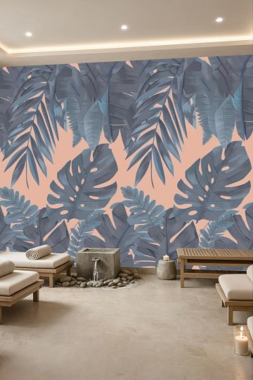 Dreamwall Mavi Gri Monstera ve Palmiye Yapraklı Tek Parça Tekstil Duvar Kağıdı  küçük görsel 2