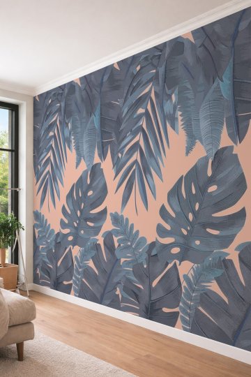 Dreamwall Mavi Gri Monstera ve Palmiye Yapraklı Tek Parça Tekstil Duvar Kağıdı  küçük görsel 3