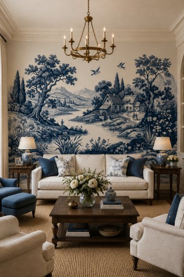Dreamwall Mavi Kır Evi Temalı VintageTek Parça Tekstil Duvar Kağıdı küçük görsel 3