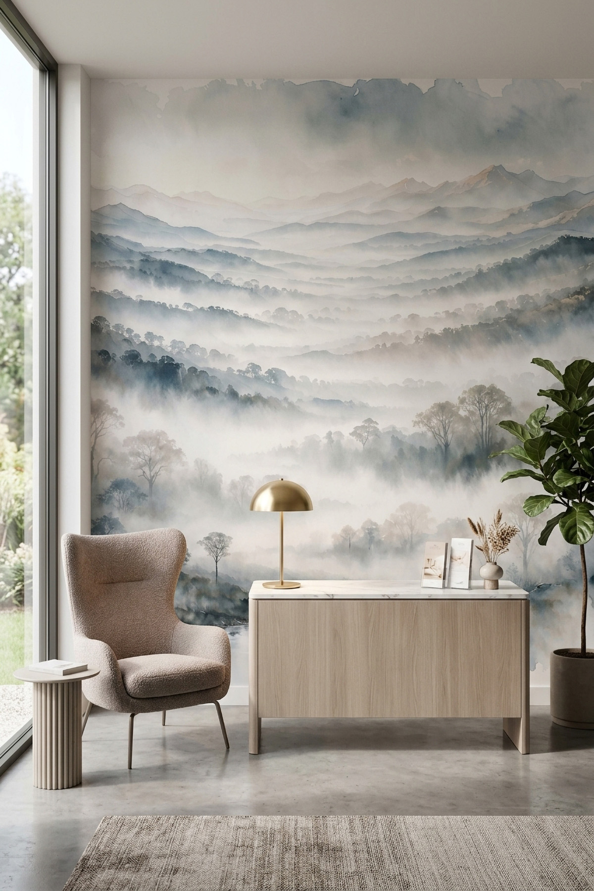 Dreamwall Mavi Şafak Rüyası -Sisli Dağlar ve Vadi Desenli Tek Parça Tekstil Duvar Kağıdı  görsel 1