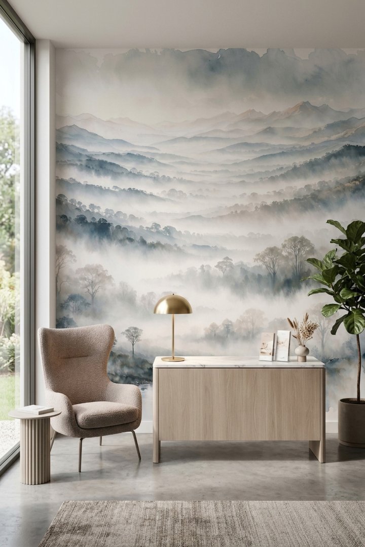 Dreamwall Mavi Şafak Rüyası -Sisli Dağlar ve Vadi Desenli Tek Parça Tekstil Duvar Kağıdı 