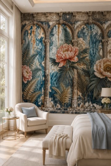 Dreamwall Mavi Sütunlu Mermer Bahçesi Temalı Tek Parça Tekstil Duvar Kağıdı