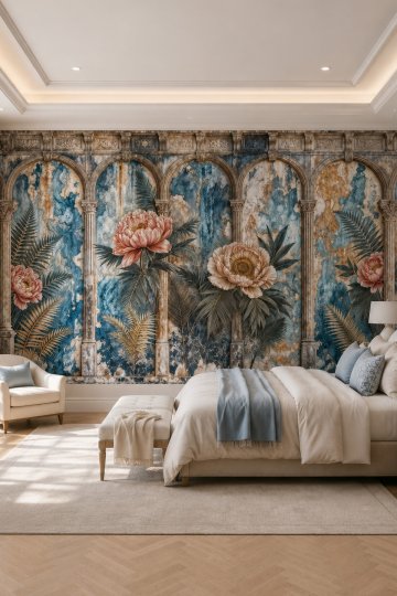 Dreamwall Mavi Sütunlu Mermer Bahçesi Temalı Tek Parça Tekstil Duvar Kağıdı küçük görsel 3
