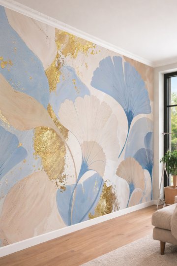 Dreamwall Mavi ve Bej Tonlu Ginkgo Biloba Yaprakları ve Altın Varak Desenli Tek Parça Tekstil Duvar Kağıdı  küçük görsel 2