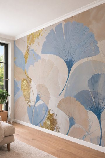 Dreamwall Mavi ve Bej Tonlu Ginkgo Biloba Yaprakları ve Altın Varak Desenli Tek Parça Tekstil Duvar Kağıdı  küçük görsel 4