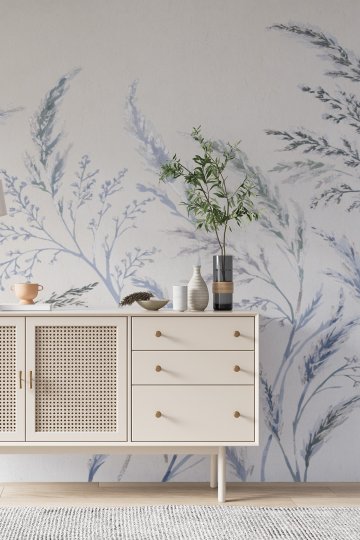 Dreamwall Mavi ve Gri Tonlarında Başaklar, Ot Formları ve Bitki Motifli Tek Parça Tekstil Duvar Kağıdı  küçük görsel 2