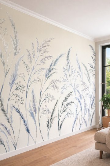 Dreamwall Mavi ve Gri Tonlarında Başaklar, Ot Formları ve Bitki Motifli Tek Parça Tekstil Duvar Kağıdı  küçük görsel 3