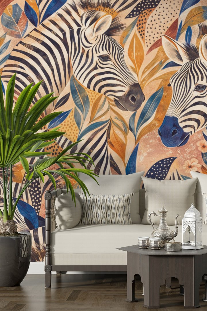 Dreamwall Mavi ve Taba Yapraklar Arasında Stilize Zebra Motifli Egzotik Lüks Tek Parça Tekstil Duvar...