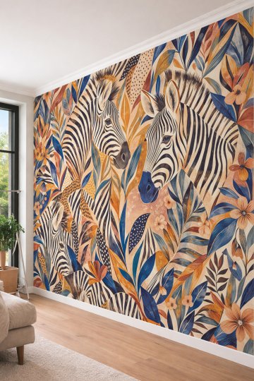 Dreamwall Mavi ve Taba Yapraklar Arasında Stilize Zebra Motifli Egzotik Lüks Tek Parça Tekstil Duvar Kağıdı  küçük görsel 3