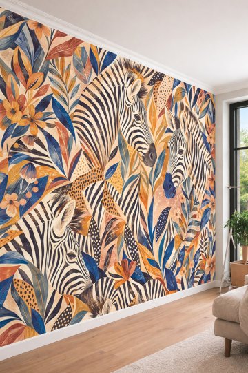Dreamwall Mavi ve Taba Yapraklar Arasında Stilize Zebra Motifli Egzotik Lüks Tek Parça Tekstil Duvar Kağıdı  küçük görsel 2