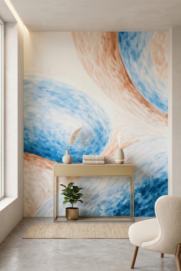 Dreamwall Mavi Yankılar- Geometrik Dalga Desenli Tek Parça Tekstil Duvar Kağıdı 