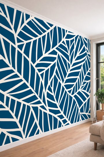 Dreamwall Mavi Zemin Üzerine Beyaz Hatlı Yaprak Desenli Lüks Modern Tek Parça Tekstil Duvar Kağıdı  küçük görsel 1