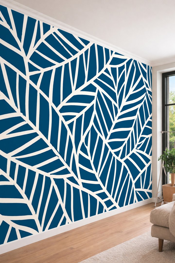 Dreamwall Mavi Zemin Üzerine Beyaz Hatlı Yaprak Desenli Lüks Modern Tek Parça Tekstil Duvar Kağıdı 