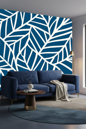 Dreamwall Mavi Zemin Üzerine Beyaz Hatlı Yaprak Desenli Lüks Modern Tek Parça Tekstil Duvar Kağıdı  küçük görsel 2