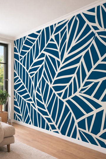 Dreamwall Mavi Zemin Üzerine Beyaz Hatlı Yaprak Desenli Lüks Modern Tek Parça Tekstil Duvar Kağıdı  küçük görsel 3