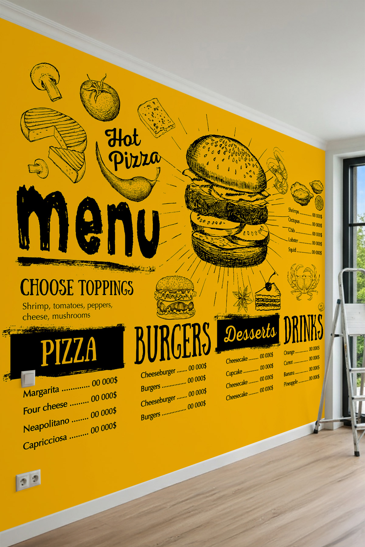 Dreamwall Menü, Hamburger ve Restoran Çizimleri Motifli Tek Parça Tekstil Duvar Kağıdı görsel 1