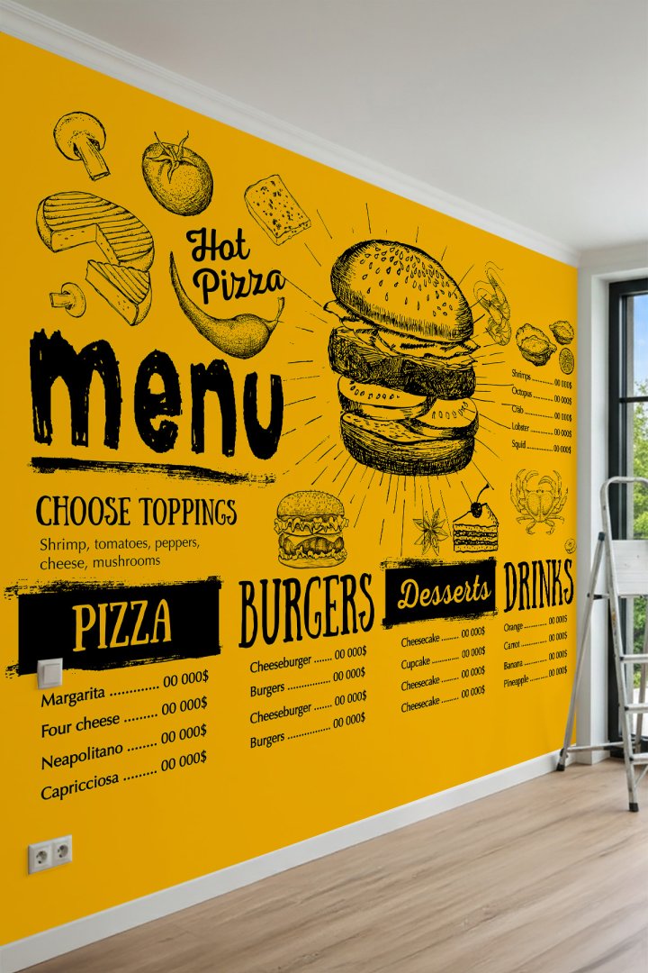Dreamwall Menü, Hamburger ve Restoran Çizimleri Motifli Tek Parça Tekstil Duvar Kağıdı