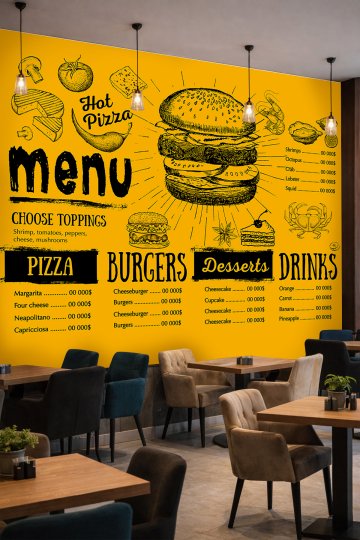 Dreamwall Menü, Hamburger ve Restoran Çizimleri Motifli Tek Parça Tekstil Duvar Kağıdı küçük görsel 2