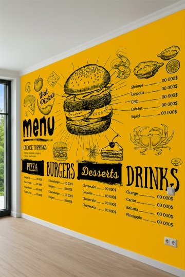 Dreamwall Menü, Hamburger ve Restoran Çizimleri Motifli Tek Parça Tekstil Duvar Kağıdı küçük görsel 3