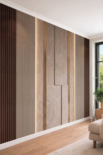 Dreamwall Mermer Blok Panel, Dikey Ahşap Çıta, Metalik Profil ve Aydınlatma Desenli Tek Parça Tekstil Duvar Kağıdı  küçük görsel 1