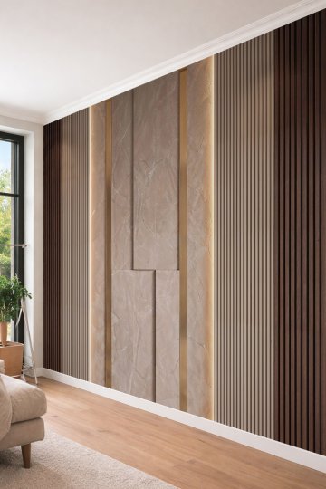 Dreamwall Mermer Blok Panel, Dikey Ahşap Çıta, Metalik Profil ve Aydınlatma Desenli Tek Parça Tekstil Duvar Kağıdı  küçük görsel 4