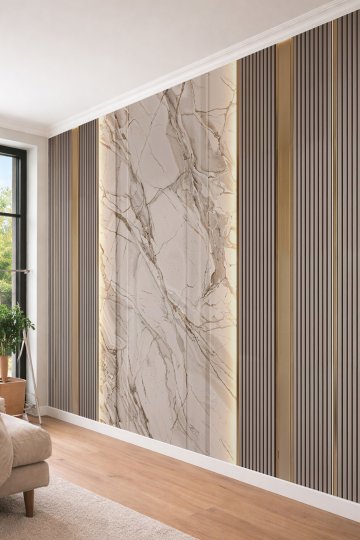 Dreamwall Mermer Damar Dokulu Orta Panel, Dikey Ahşap Çıta, Metalik Profil Desenli Tek Parça Tekstil Duvar Kağıdı  küçük görsel 4