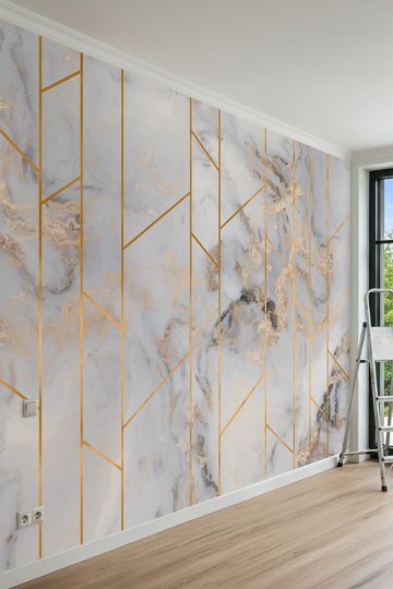 Dreamwall Mermer Desenli Altın Şeritli ve Geometrik Çizgili Tek Parça Tekstil Duvar Kağıdı küçük görsel 2