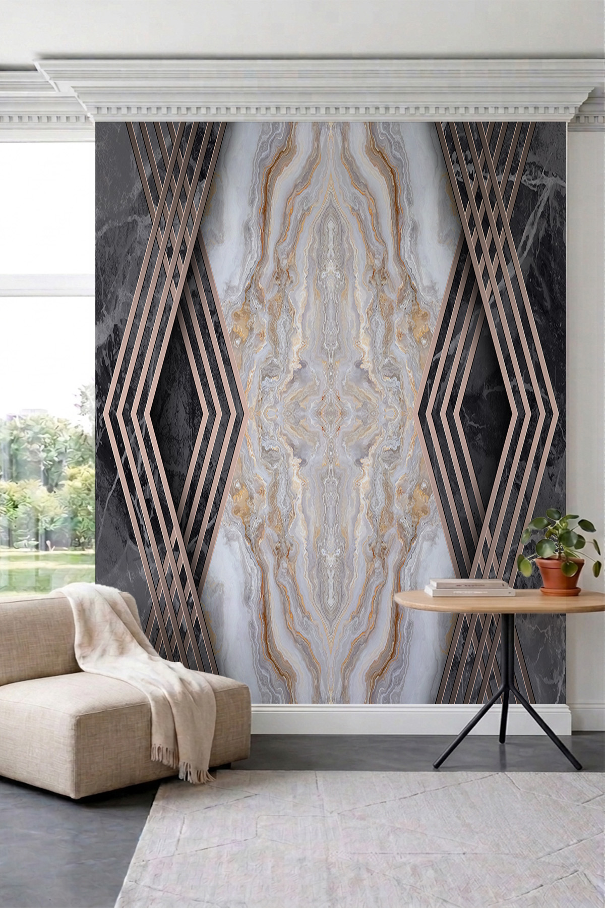 Dreamwall Mermer Desenli, Bakır Şeritli Geometrik Çerçeve Desenli Tek Parça Tekstil Duvar Kağıdı görsel 1
