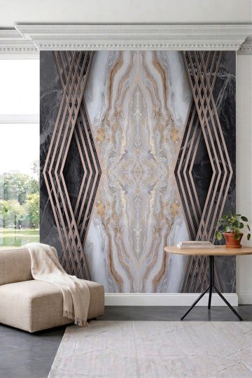 Dreamwall Mermer Desenli, Bakır Şeritli Geometrik Çerçeve Desenli Tek Parça Tekstil Duvar Kağıdı küçük görsel 2