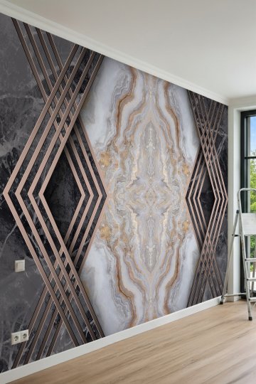 Dreamwall Mermer Desenli, Bakır Şeritli Geometrik Çerçeve Desenli Tek Parça Tekstil Duvar Kağıdı küçük görsel 1