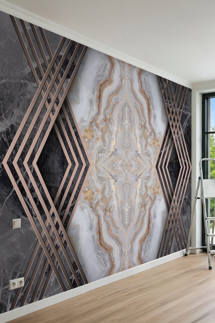 Dreamwall Mermer Desenli, Bakır Şeritli Geometrik Çerçeve Desenli Tek Parça Tekstil Duvar Kağıdı