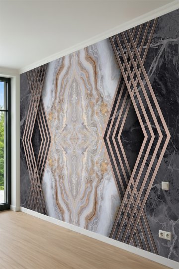 Dreamwall Mermer Desenli, Bakır Şeritli Geometrik Çerçeve Desenli Tek Parça Tekstil Duvar Kağıdı küçük görsel 3