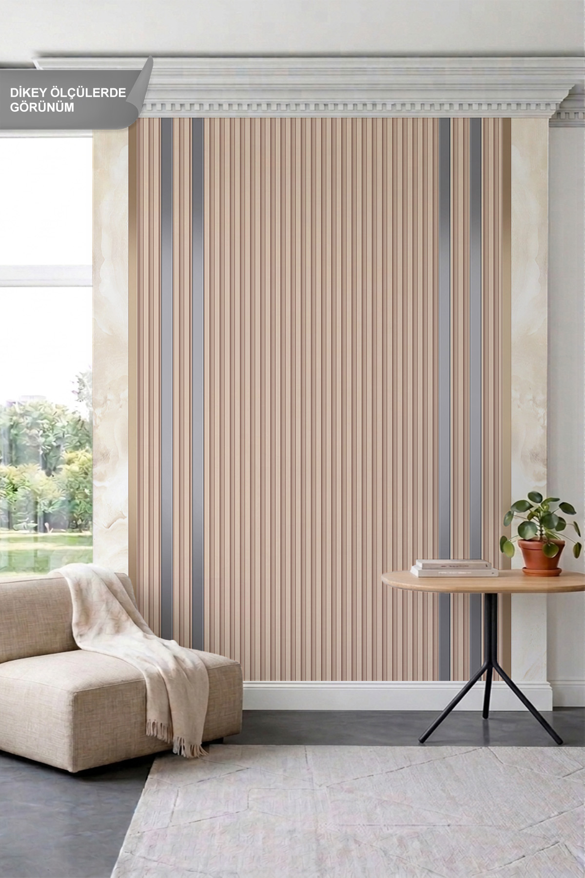 Dreamwall Mermer Detaylı Ahşap Çıta ve Çizgisel Panel Desenli Tek Parça Tekstil Duvar Kağıdı görsel 1