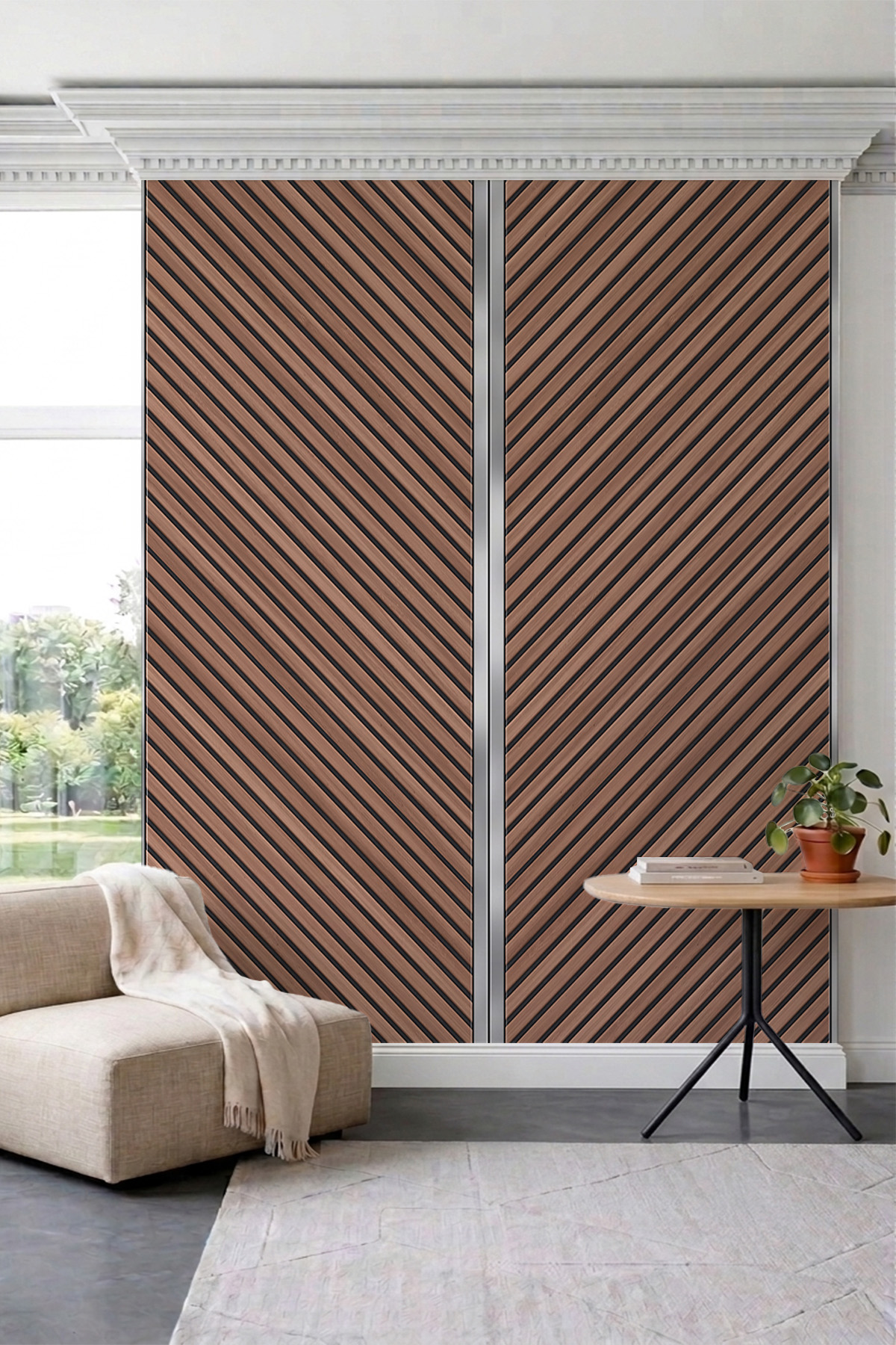 Dreamwall Mermer Detaylı Ahşap Çıtalı ve Çizgisel Panelli Tek Parça Tekstil Duvar Kağıdı görsel 1