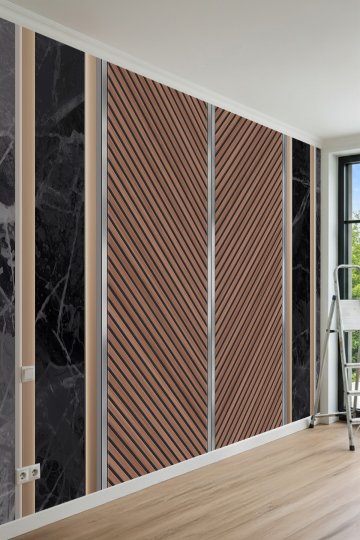 Dreamwall Mermer Detaylı Ahşap Çıtalı ve Çizgisel Panelli Tek Parça Tekstil Duvar Kağıdı küçük görsel 2