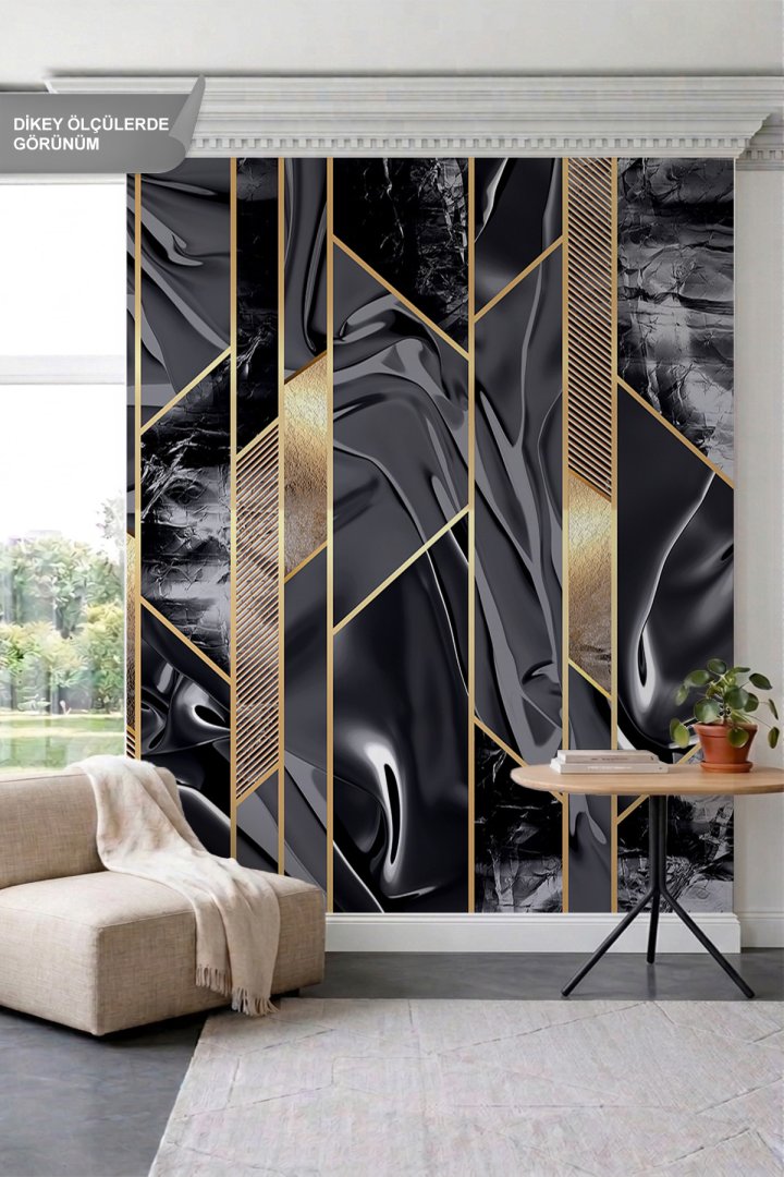 Dreamwall Mermer Doku, Altın Çizgi ve Geometrik Panel Görünümlü Tek Parça Tekstil Duvar Kağıdı