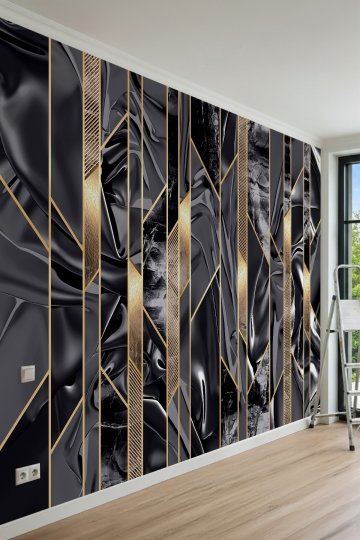 Dreamwall Mermer Doku, Altın Çizgi ve Geometrik Panel Görünümlü Tek Parça Tekstil Duvar Kağıdı küçük görsel 2