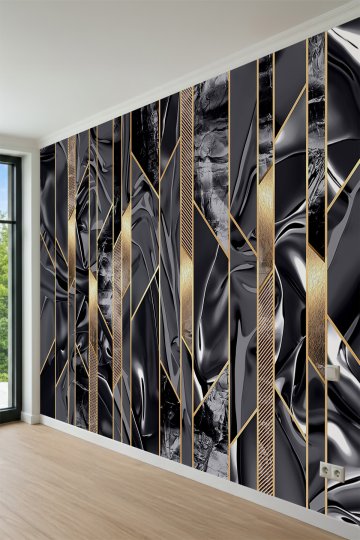 Dreamwall Mermer Doku, Altın Çizgi ve Geometrik Panel Görünümlü Tek Parça Tekstil Duvar Kağıdı küçük görsel 3