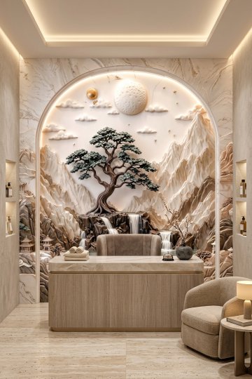 Dreamwall Mermer Kemer Sığınağı-Kabartmalı Orman ve Şelale Desenli Tek Parça Tekstil Duvar Kağıdı 