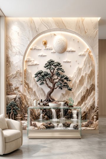 Dreamwall Mermer Kemer Sığınağı-Kabartmalı Orman ve Şelale Desenli Tek Parça Tekstil Duvar Kağıdı  küçük görsel 3