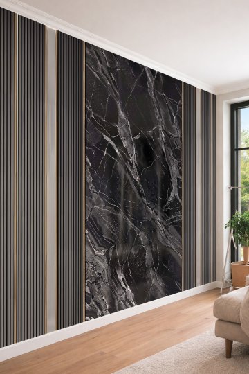 Dreamwall Mermer Panel, Ahşap Çıta ve Metalik Şerit Desenli Tek Parça Tekstil Duvar Kağıdı  küçük görsel 1