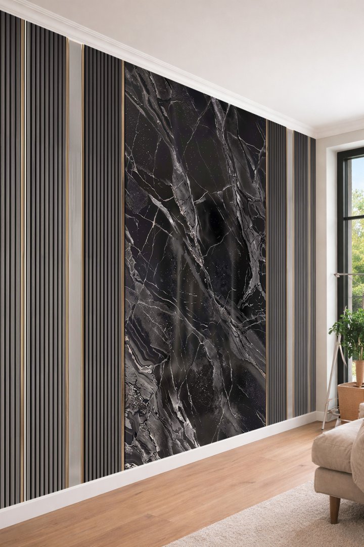 Dreamwall Mermer Panel, Ahşap Çıta ve Metalik Şerit Desenli Tek Parça Tekstil Duvar Kağıdı 
