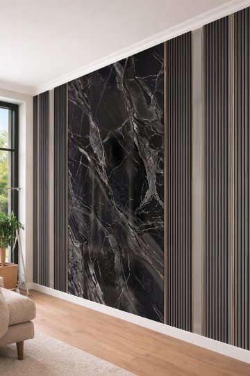 Dreamwall Mermer Panel, Ahşap Çıta ve Metalik Şerit Desenli Tek Parça Tekstil Duvar Kağıdı  küçük görsel 3
