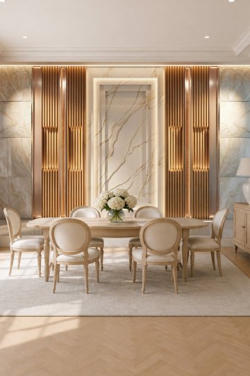 Dreamwall Mermer Panel, Dikey Ahşap Çıta, Metalik Profil ve Aydınlatmalı Çerçeve Desenli Tek Parça Tekstil Duvar Kağıdı  küçük görsel 1