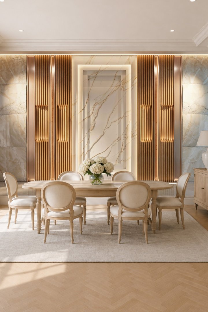 Dreamwall Mermer Panel, Dikey Ahşap Çıta, Metalik Profil ve Aydınlatmalı Çerçeve Desenli Tek Parça T...