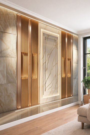 Dreamwall Mermer Panel, Dikey Ahşap Çıta, Metalik Profil ve Aydınlatmalı Çerçeve Desenli Tek Parça Tekstil Duvar Kağıdı  küçük görsel 2