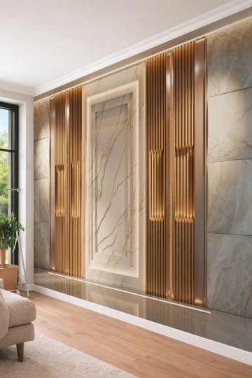 Dreamwall Mermer Panel, Dikey Ahşap Çıta, Metalik Profil ve Aydınlatmalı Çerçeve Desenli Tek Parça Tekstil Duvar Kağıdı  küçük görsel 3